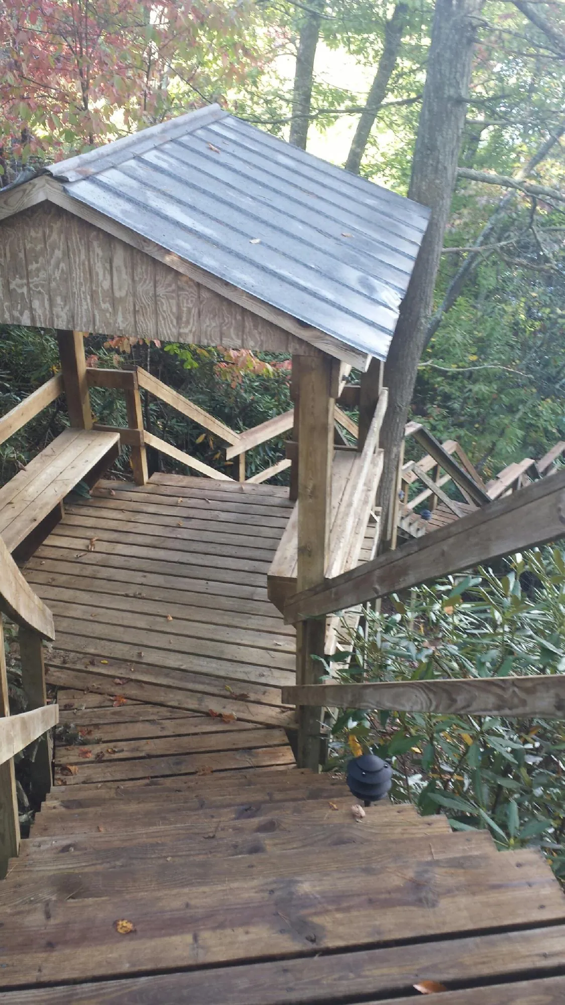 Metal roofed shelter over wooden steps on a wooded walkway — Skylight Repair & Installation work by our crew in Corona